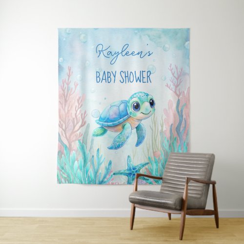 Under the sea turtle aqua blue baby shower backdro tapestry