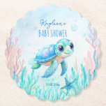 Under the sea turtle aqua blue baby shower favors paper coaster<br><div class="desc">Under the sea cute sea turtle aqua blue baby shower favors personalized monogram printed paper coasters template,  sip and sea baby boy baby shower favor gifts personalized table decor paper coasters</div>