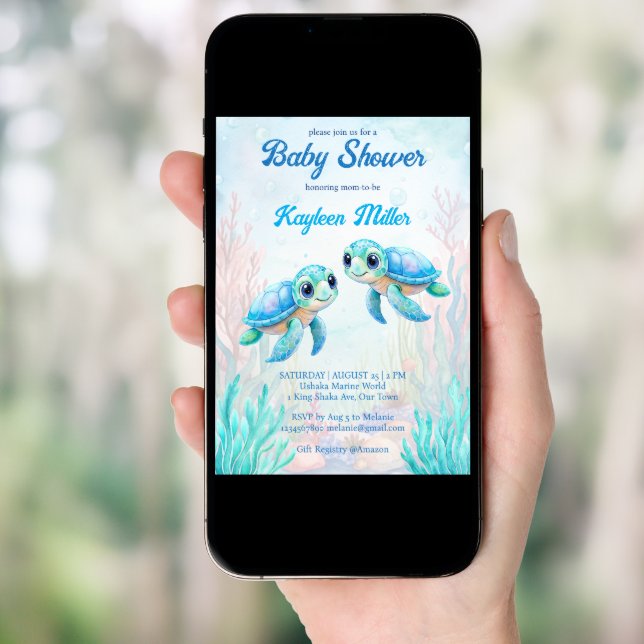 Under the sea turtle aqua blue twins baby shower invitation (Front Digital)