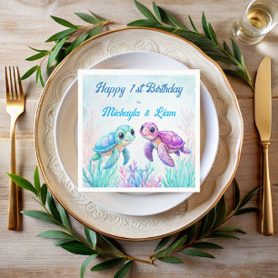 Under the sea turtle aqua blue twins birthday napkins