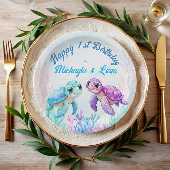 Under the sea turtle aqua blue twins birthday paper plates (Under the sea turtle aqua blue purple pink twins birthday party personalized printed paper plates )