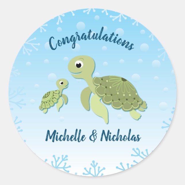 Under the Sea Turtle Baby Shower Classic Round Sticker (Front)