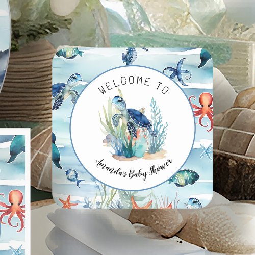 Under the Sea Turtle Blue Boy Baby Shower Square Paper Coaster