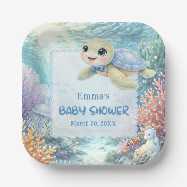 Under the Sea Turtle Boy Baby Shower Paper Plates (Front)