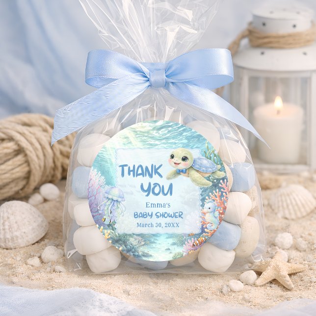 Under the Sea Turtle Boy Baby Shower Thank You Classic Round Sticker (Creator Uploaded)