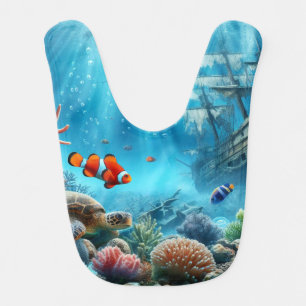Under the sea, turtle, coral, ship, clown fish baby bib