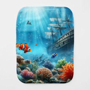 Under the sea, turtle, coral, ship, clown fish baby burp cloth