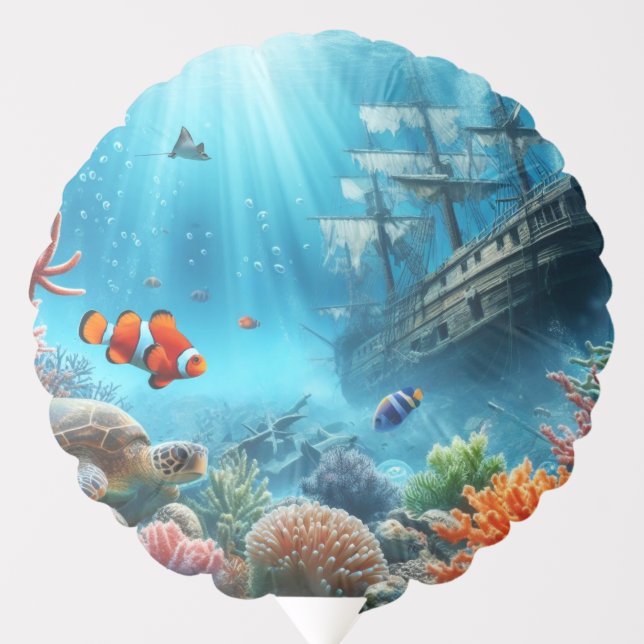 Under the sea, turtle, coral, ship, clown fish balloon (Front)