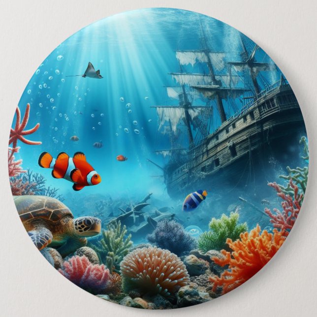 Under the sea, turtle, coral, ship, clown fish button (Front)