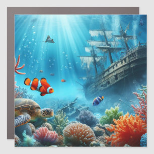 Under the sea, turtle, coral, ship, clown fish car magnet