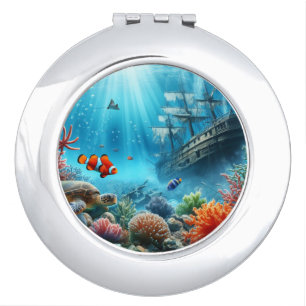 Under the sea, turtle, coral, ship, clown fish compact mirror
