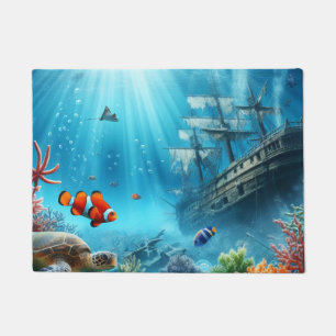 Under the sea, turtle, coral, ship, clown fish doormat