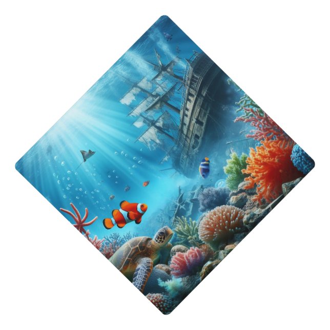 Under the sea, turtle, coral, ship, clown fish graduation cap topper (Front)