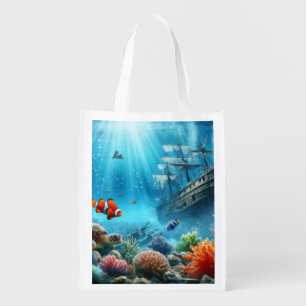 Under the sea, turtle, coral, ship, clown fish grocery bag