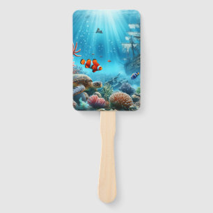 Under the sea, turtle, coral, ship, clown fish hand fan