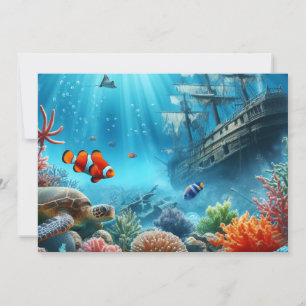 Under the sea, turtle, coral, ship, clown fish holiday card