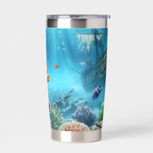 Under the sea, turtle, coral, ship, clown fish insulated tumbler
