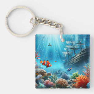 Under the sea, turtle, coral, ship, clown fish keychain