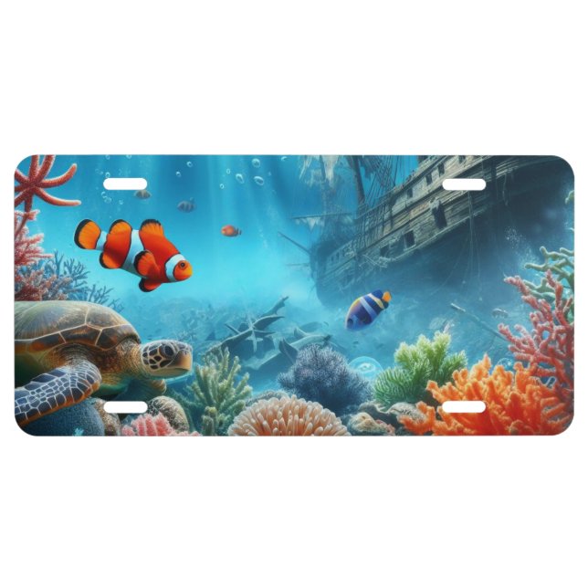 Under the sea, turtle, coral, ship, clown fish license plate (Front)
