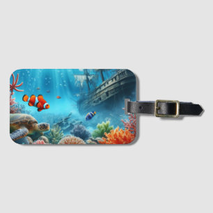 Under the sea, turtle, coral, ship, clown fish luggage tag