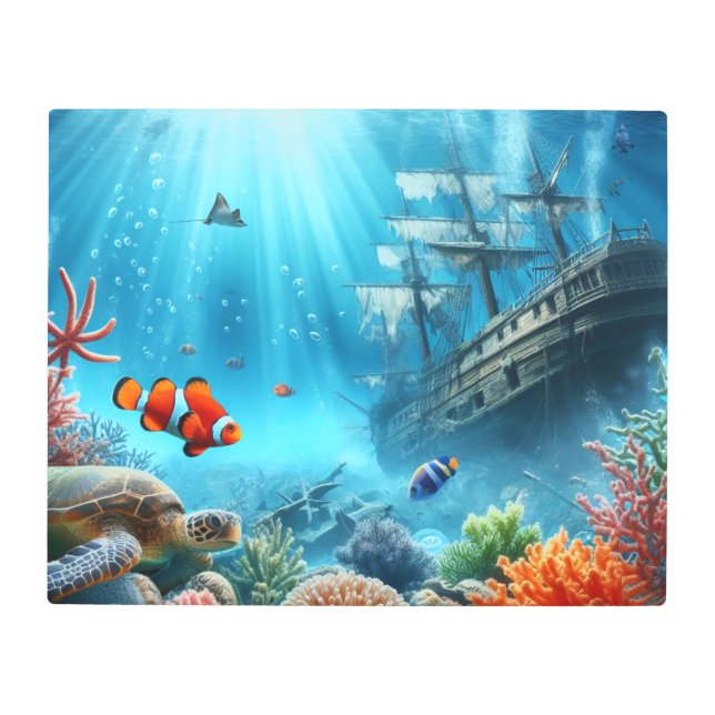 Under the sea, turtle, coral, ship, clown fish metal print (Front)