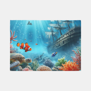 Under the sea, turtle, coral, ship, clown fish outdoor rug