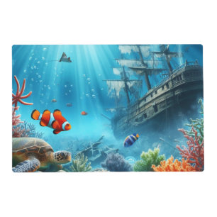 Under the sea, turtle, coral, ship, clown fish placemat