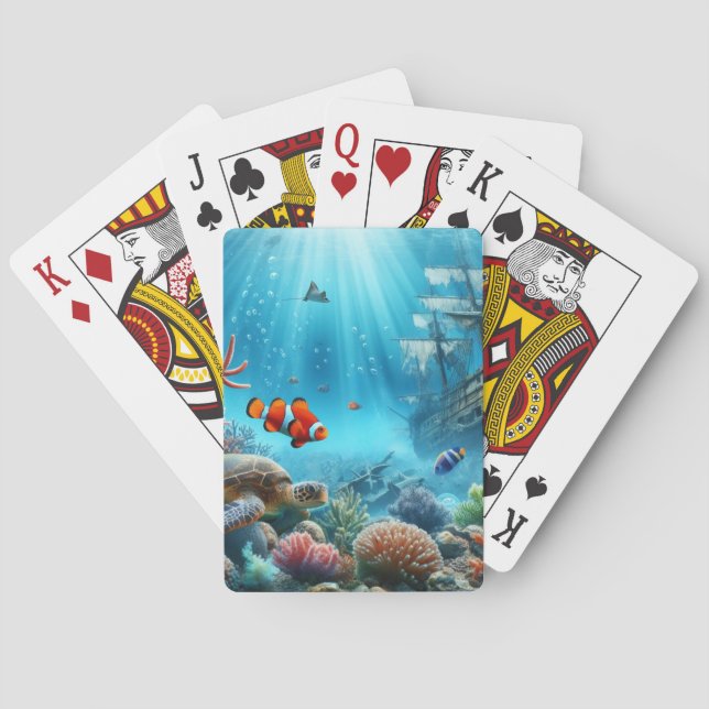 Under the sea, turtle, coral, ship, clown fish poker cards (Back)