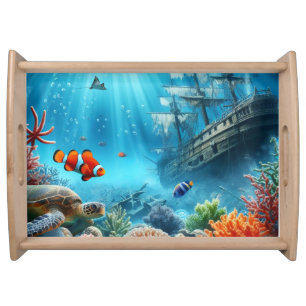 Under the sea, turtle, coral, ship, clown fish serving tray