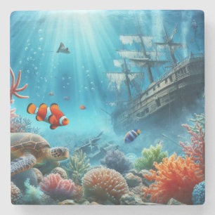 Under the sea, turtle, coral, ship, clown fish stone coaster