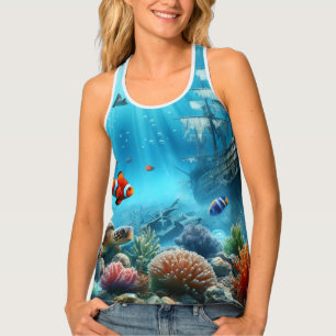 Under the sea, turtle, coral, ship, clown fish tank top