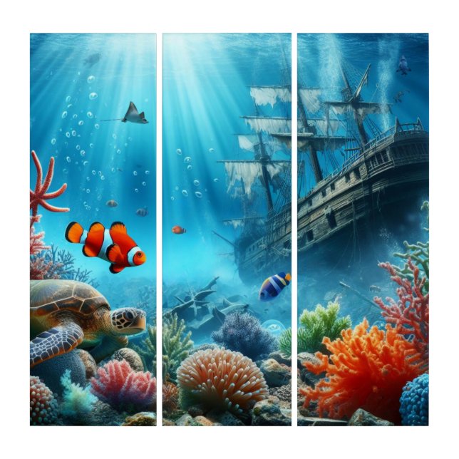 Under the sea, turtle, coral, ship, clown fish triptych (Front)
