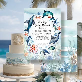 Under the Sea Turtle Dolphin Blue Boy Baby Shower Invitation