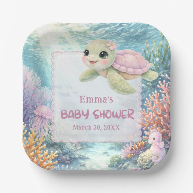 Under the Sea Turtle Girl Baby Shower Paper Plates (Front)