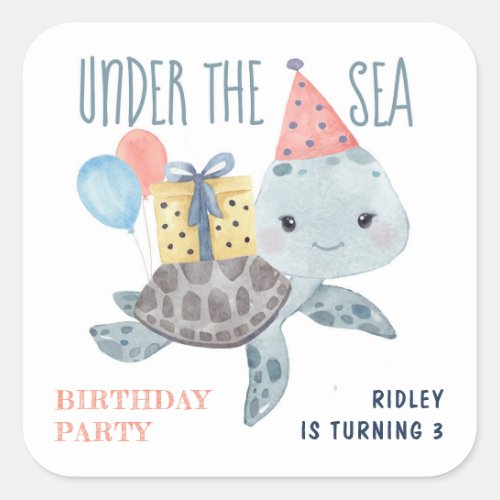 Under The Sea Turtle Kids Beach Birthday  Square Sticker