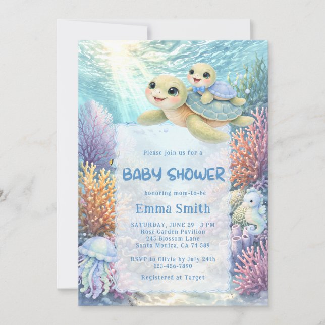 Under the Sea Turtle Mom & Baby Boy Baby Shower Invitation (Front)