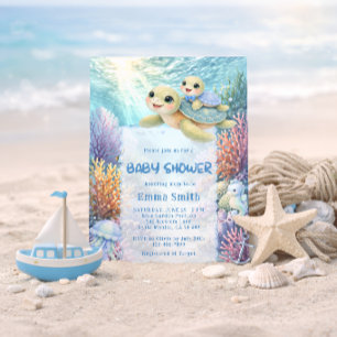 Under the Sea Turtle Mom & Baby Boy Baby Shower Invitation