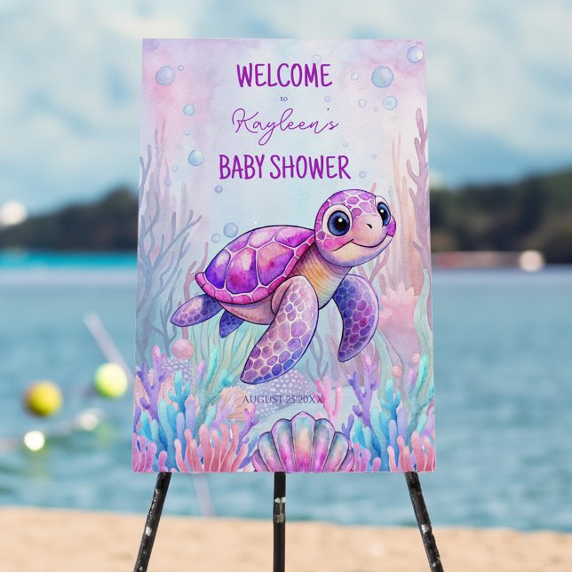Under the sea turtle purple baby shower welcome foam board (Under the sea turtle purple girls baby shower welcome sign board personalized entrance decor)