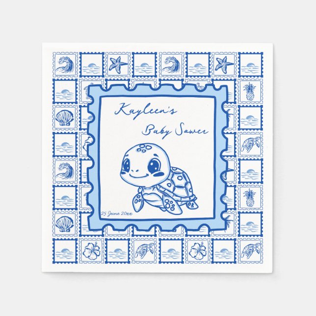 Under the sea turtle retro post stamp monogrammed napkins (Front)