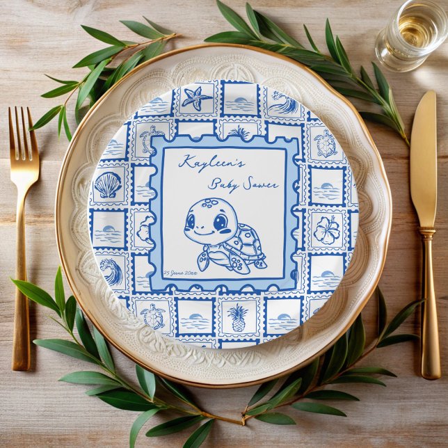 Under the sea turtle retro post stamp monogrammed paper plates (Under the sea turtle retro post stamp turtle baby shower monogrammed paper plates personalized decor)