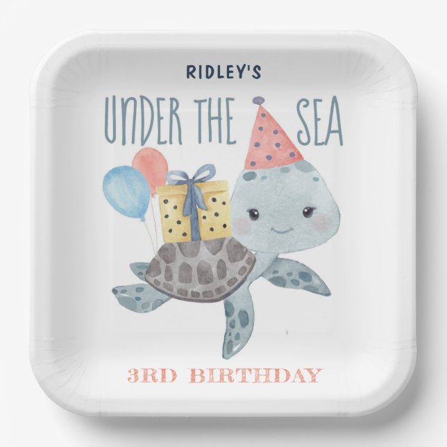 Under The Sea Turtle Watercolor Birthday  Paper Plates (Front)