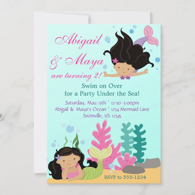 Under the Sea Twin Mermaid Girls Birthday Party Invitation (Front)
