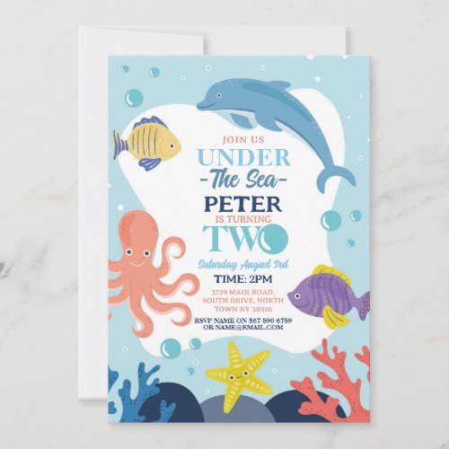 Under The Sea TWO Ocean Dolphin Octopus 2nd Invitation