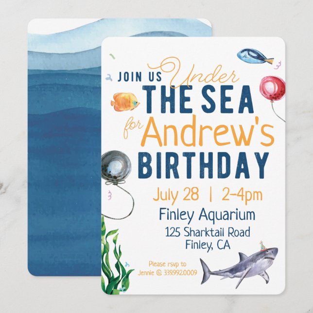 Under The Sea Watercolor Birthday Invitation (Front/Back)