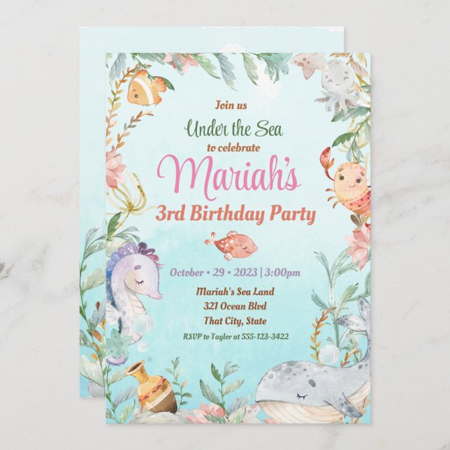 Under the sea watercolor Birthday Invitation (Front/Back)