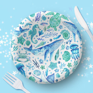Under the Sea Watercolor Blue Whale, Sea Horse Paper Bowls