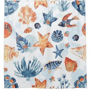 Under the Sea   Watercolor Coral Ocean Animals Shower Curtain