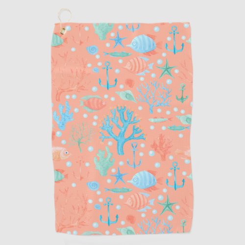 Under the Sea Watercolor Coral Pink  Golf Towel