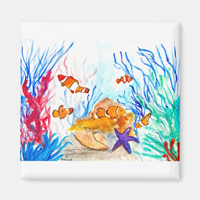 Under the sea watercolor fish ocean coastal sea magnet (Front)
