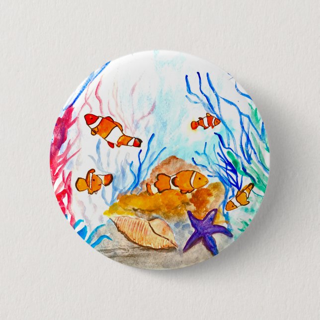 Under the sea watercolor fish ocean Nautical Button (Front)